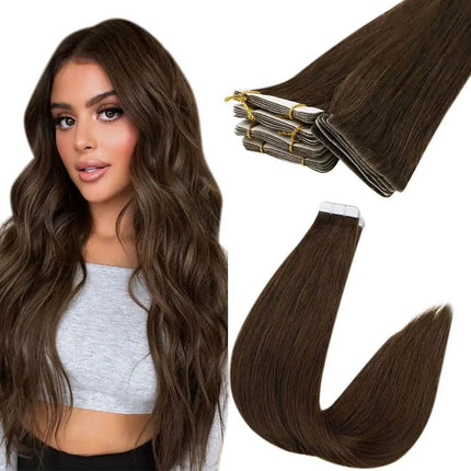 Extensions adhésives en cheveux raides naturels brun pour un look élégant et sophistiqué