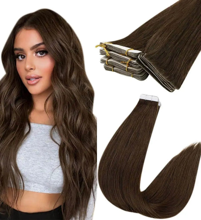 Extensions adhésives en cheveux raides naturels brun pour un look élégant et sophistiqué