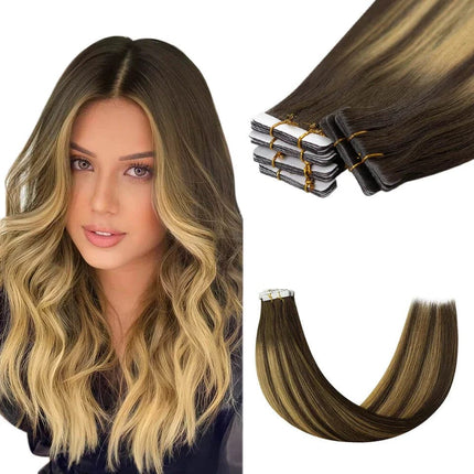 Extensions adhésives en cheveux naturels lisses pour un look ombré marron-blond sophistiqué