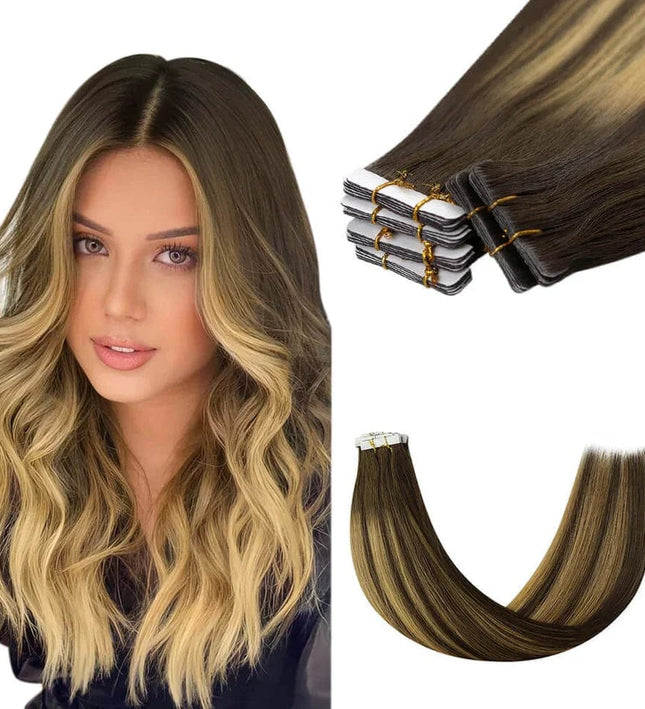 Extensions adhésives en cheveux naturels lisses pour un look ombré marron-blond sophistiqué