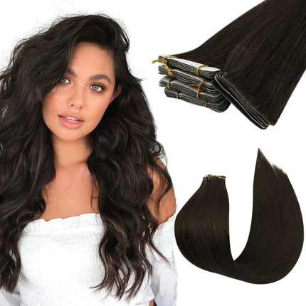 Extensions de cheveux naturels à bandes adhésives brun foncé pour un look lisse et élégant