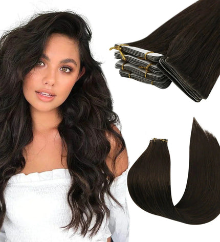 Extensions de cheveux naturels à bandes adhésives brun foncé pour un look lisse et élégant