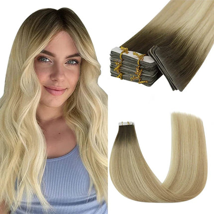 Extensions de cheveux naturels adhésives blond cendré pour un look élégant et raffiné.