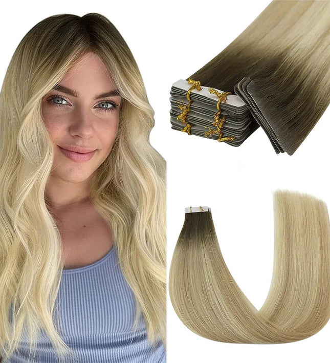 Extensions de cheveux naturels adhésives blond cendré pour un look élégant et raffiné.