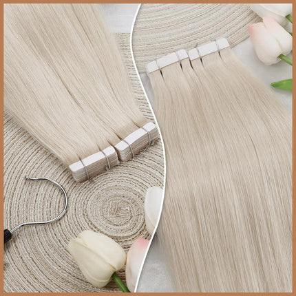 Extensions adhésives longues couleur blond platine pour un look naturel élégant et soyeux