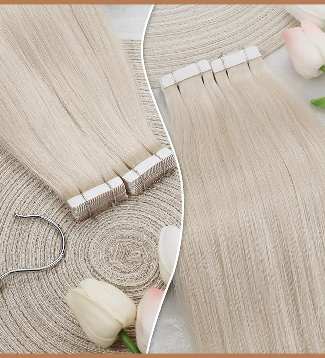 Extensions adhésives longues couleur blond platine pour un look naturel élégant et soyeux