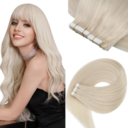 Extensions capillaires adhésives couleur blond platine pour un look naturel et élégant