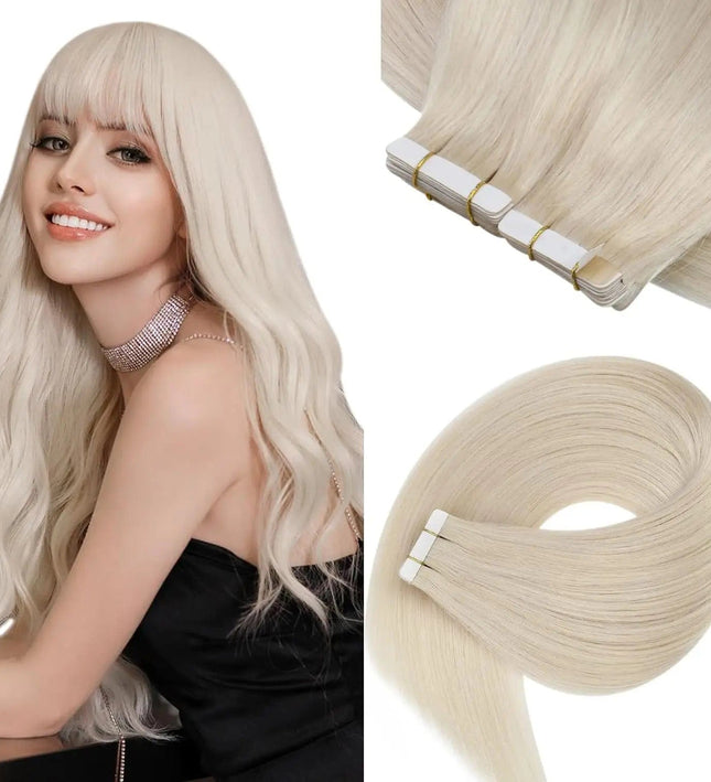 Extensions capillaires adhésives couleur blond platine pour un look naturel et élégant