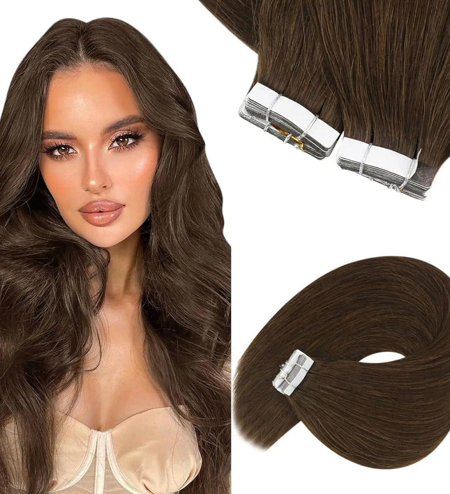 Extensions cheveux adhésives longues en brun foncé pour look naturel et élégant