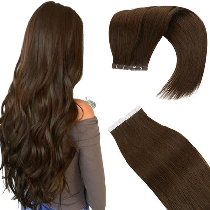 Extensions de cheveux bruns naturels à bandes adhésives pour un look élégant et volumineux