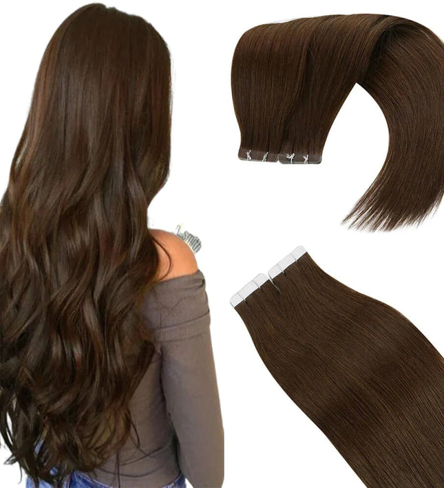 Extensions de cheveux bruns naturels à bandes adhésives pour un look élégant et volumineux