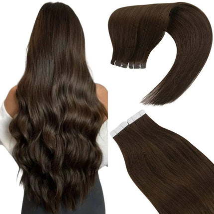 Extensions de cheveux naturels à bandes adhésives en brun chocolat ondulé pour un look luxueux