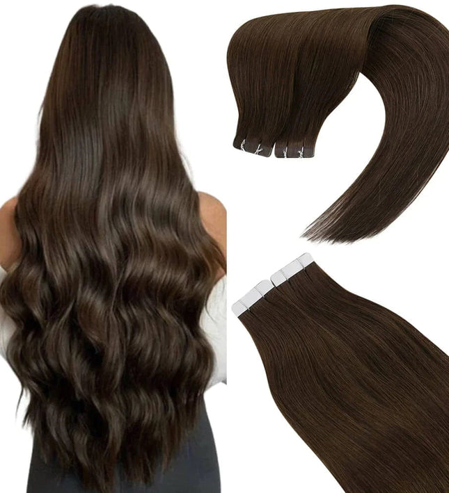 Extensions de cheveux naturels à bandes adhésives en brun chocolat ondulé pour un look luxueux