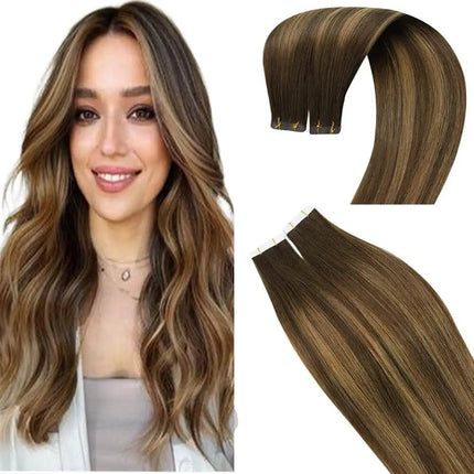 Extensions de cheveux à bandes adhésives en brun caramel pour un style naturel et élégant