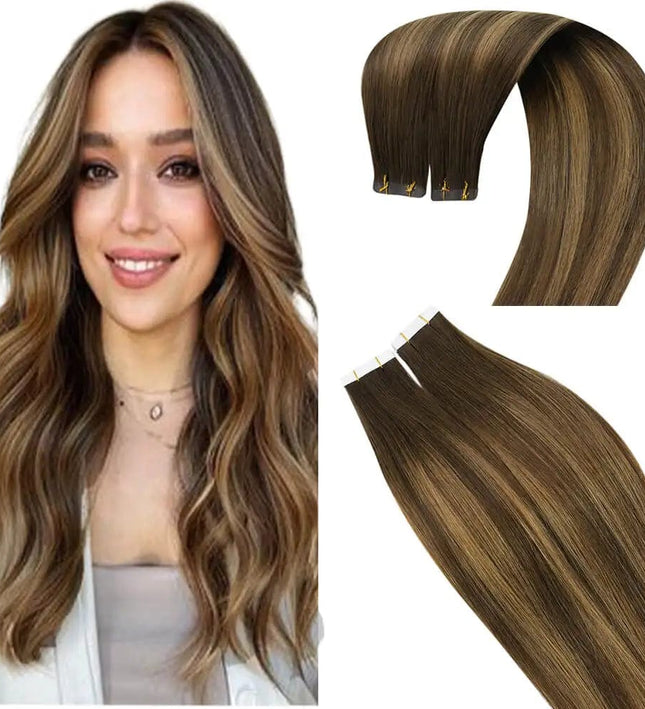 Extensions de cheveux à bandes adhésives en brun caramel pour un style naturel et élégant