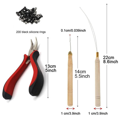 Outils de pose pour extensions de cheveux plumes avec perles en silicone noires.
