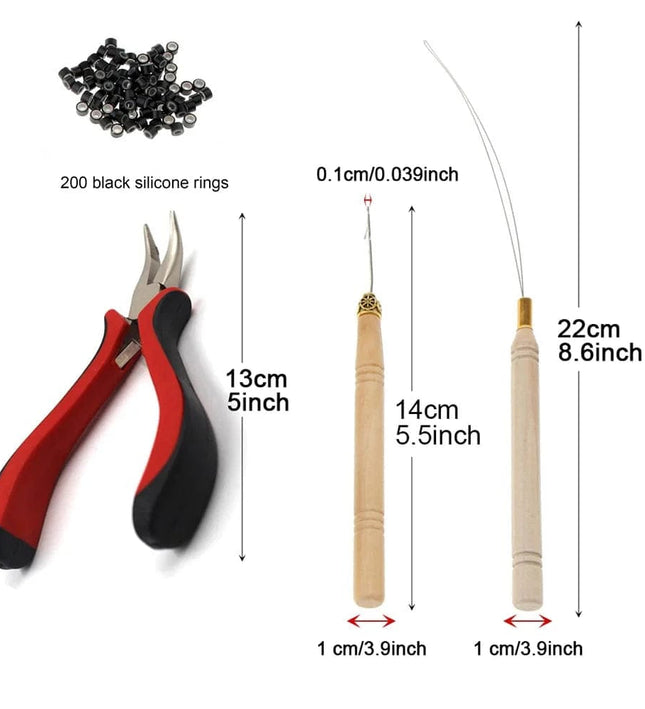 Outils de pose pour extensions de cheveux plumes avec perles en silicone noires.