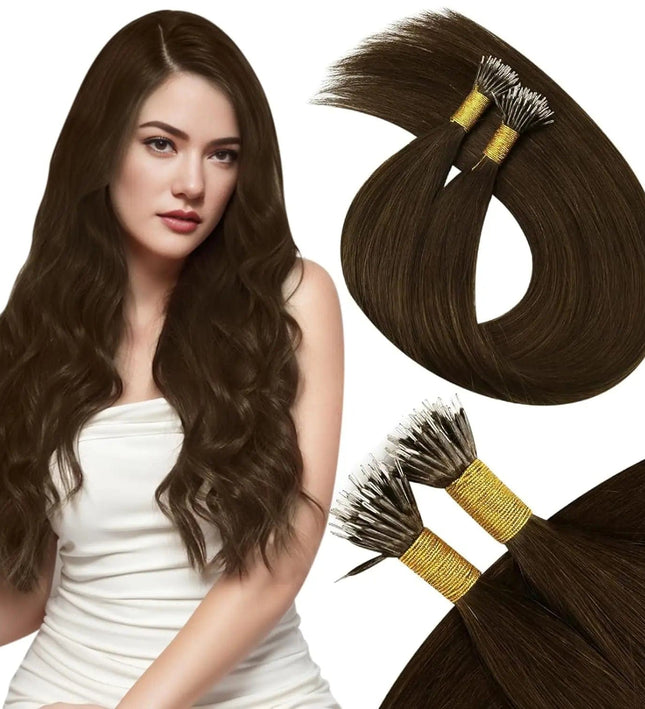 Extensions de cheveux naturels raides kératine brun foncé pour un look élégant et sophistiqué