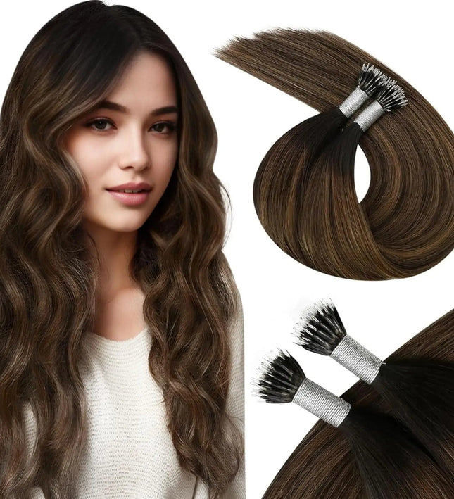 Extensions de cheveux kératine naturels brun foncé ondulés pour un look chic et élégant