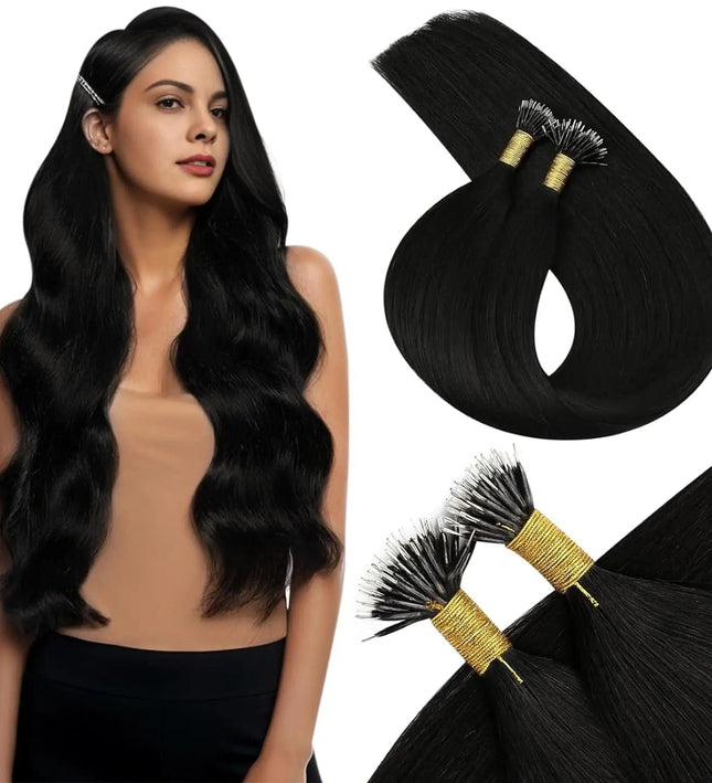 Extensions de cheveux naturels raides kératine noire pour un look sophistiqué et élégant