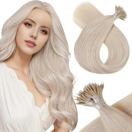 Extensions lisses en kératine couleur blond platine pour un look naturel et élégant