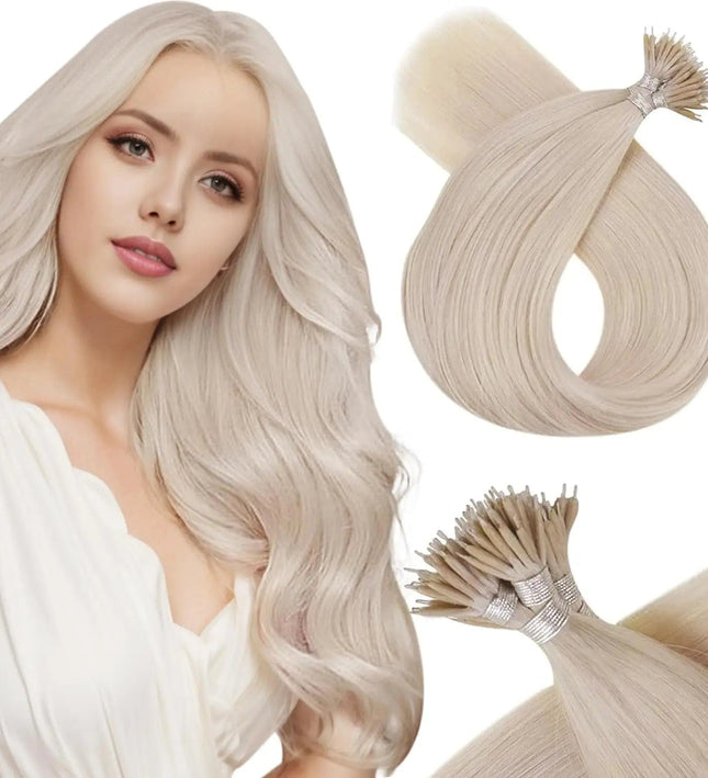 Extensions lisses en kératine couleur blond platine pour un look naturel et élégant