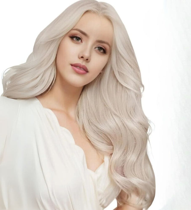 Extensions cheveux longs blonds platine naturels en kératine pour un look élégant