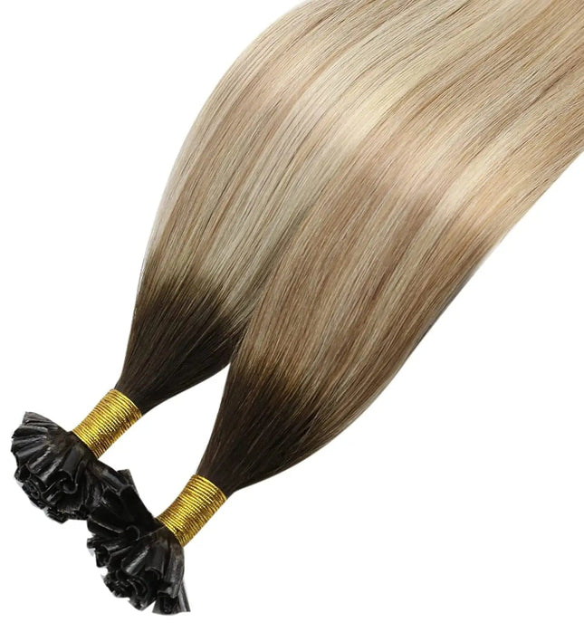 Extensions kératine couleur ombrée pour cheveux longs en mèches naturelles.