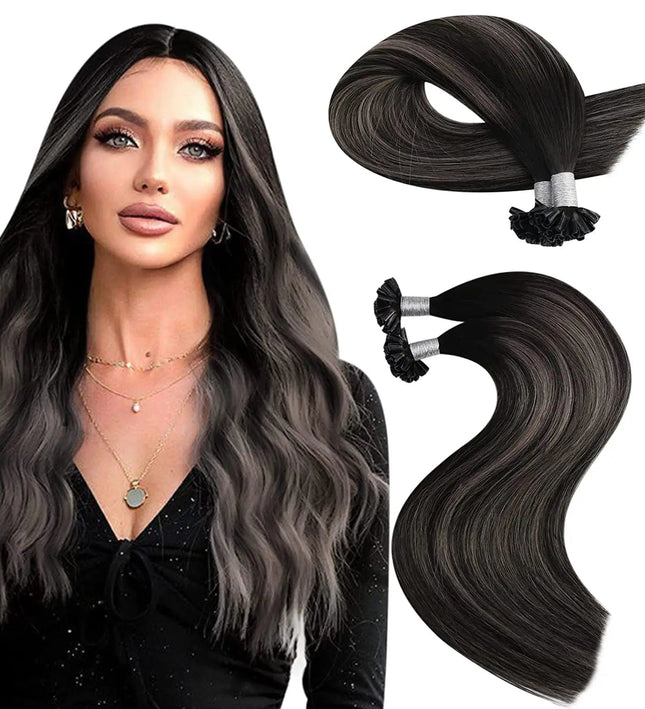 Extensions kératine naturelles longues ondulées pour cheveux bruns élégants et volumineux.