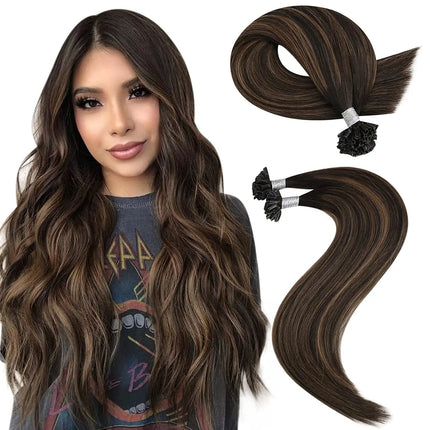 Extensions en kératine U-type pour cheveux longs bruns et naturels à ondulations douces