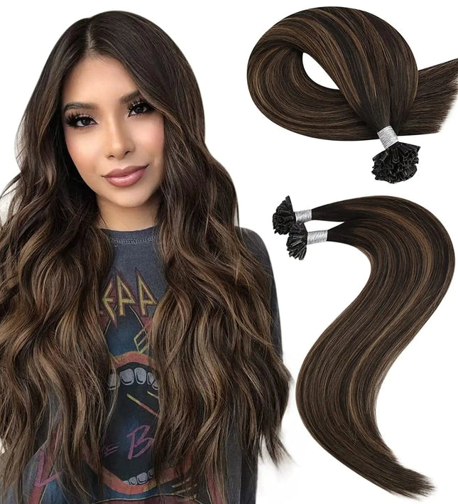 Extensions en kératine U-type pour cheveux longs bruns et naturels à ondulations douces