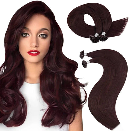 Extensions kératine longues brun foncé pour un look naturel et élégant femme moderne.
