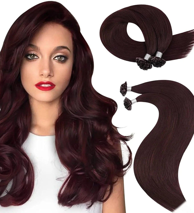 Extensions kératine longues brun foncé pour un look naturel et élégant femme moderne.