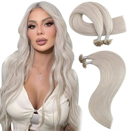 Extensions cheveux longs platine en kératine pour un volume naturel et élégant