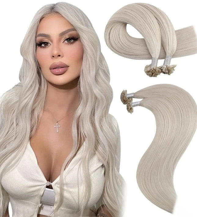 Extensions cheveux longs platine en kératine pour un volume naturel et élégant