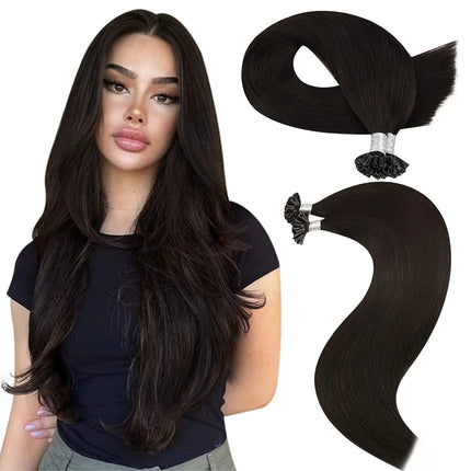Extensions kératine naturelles brunes pour cheveux longs avec technique U-type ultra lisse