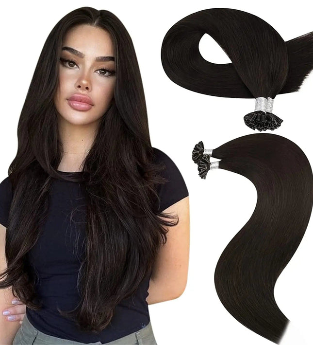 Extensions kératine naturelles brunes pour cheveux longs avec technique U-type ultra lisse