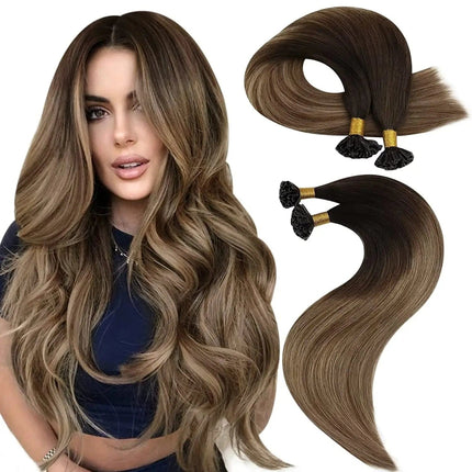 Extensions U-type en cheveux naturels bruns avec reflets châtains pour volume et longueur.
