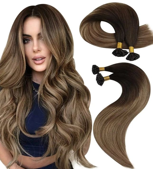 Extensions U-type en cheveux naturels bruns avec reflets châtains pour volume et longueur.