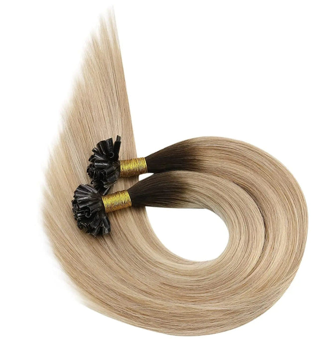 Extensions kératine blond naturel, cheveux longs ombrés pour look élégant et naturel