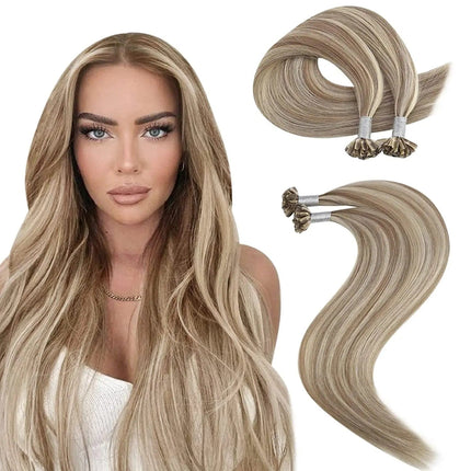 Extensions kératine U-type blond naturel en cheveux longs pour un look sophistiqué et volumineux.