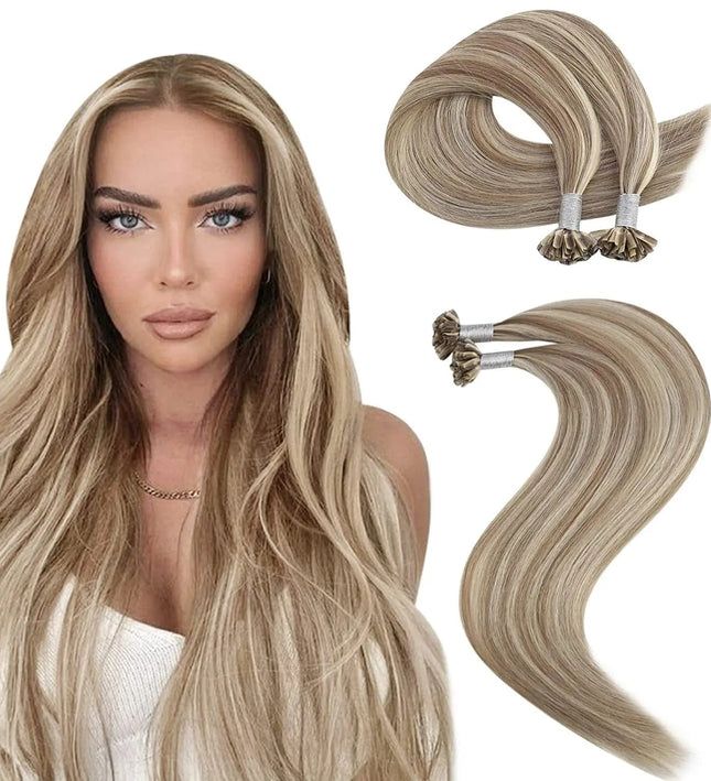 Extensions kératine U-type blond naturel en cheveux longs pour un look sophistiqué et volumineux.