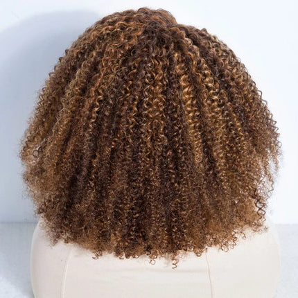 Perruque afro mi-longue en cheveux naturels bouclés pour un style volumineux féminin.