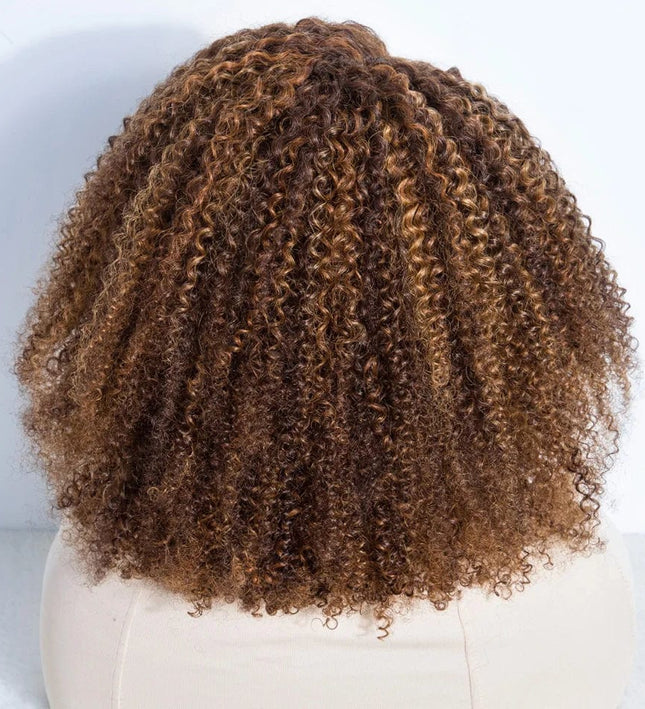 Perruque afro mi-longue en cheveux naturels bouclés pour un style volumineux féminin.