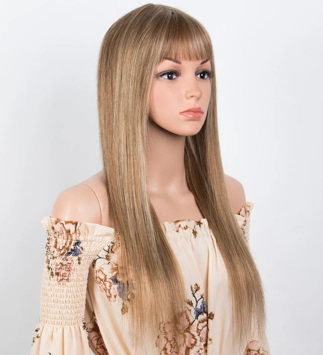 Perruque lisse blonde longue à frange en cheveux naturels pour un style élégant et moderne