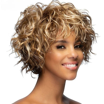 Perruque courte bouclée blonde en cheveux naturels pour un style moderne et volumineux.