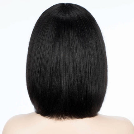 Perruque courte et lisse avec frange, style naturel en cheveux humains noirs profonds