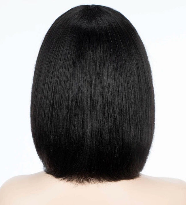 Perruque courte et lisse avec frange, style naturel en cheveux humains noirs profonds