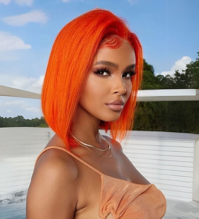 Perruque carré lisse cheveux naturels couleur orange vif pour un style audacieux