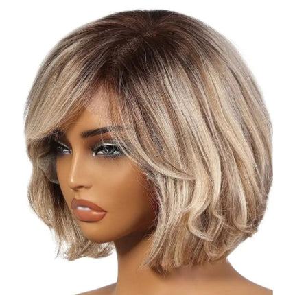 Perruque carrée blonde ombrée avec frange en cheveux naturels pour un look chic et moderne